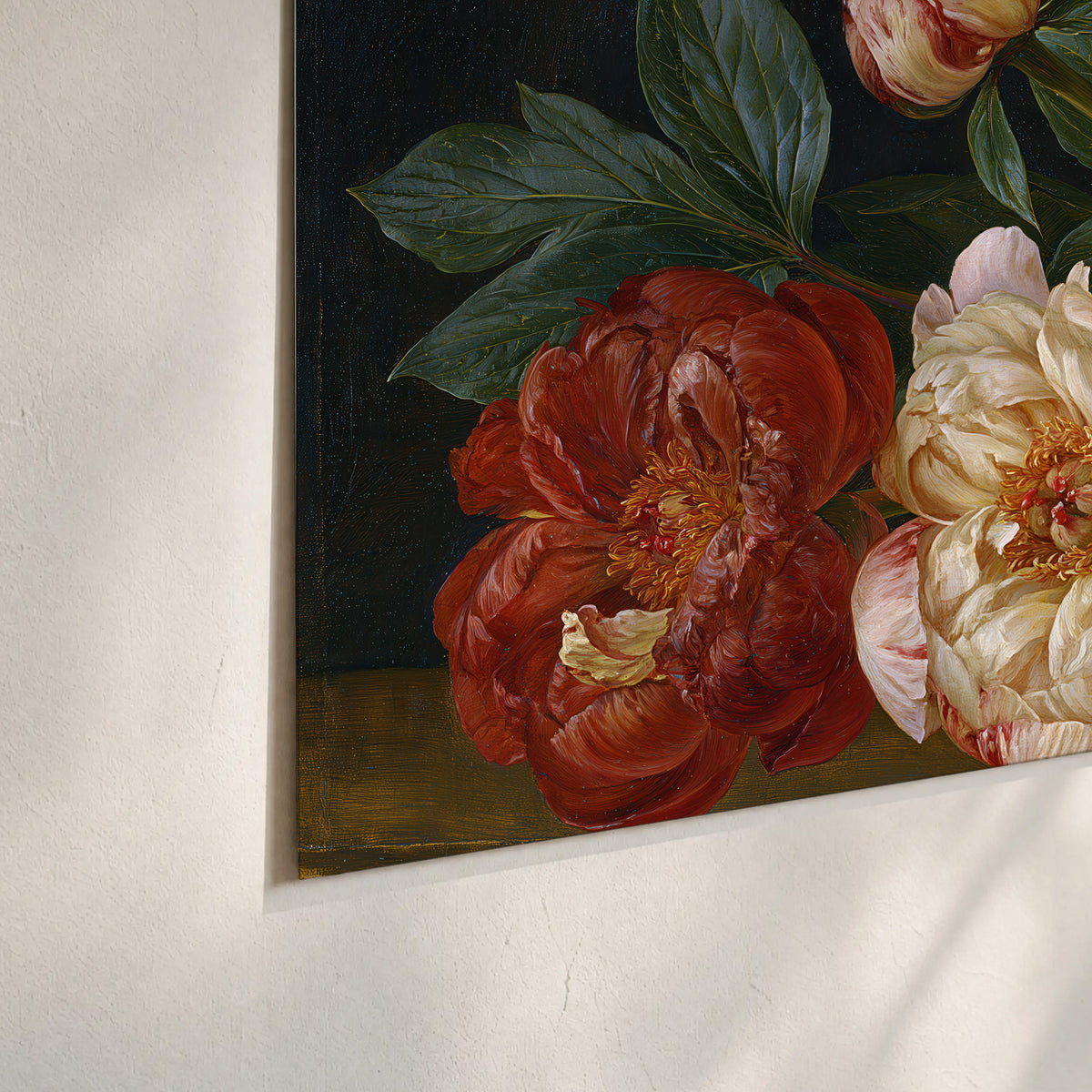 A large pale peony beside small ruby-red and peach flowers on a deep green ground set of 3 poster prints material and edge close up