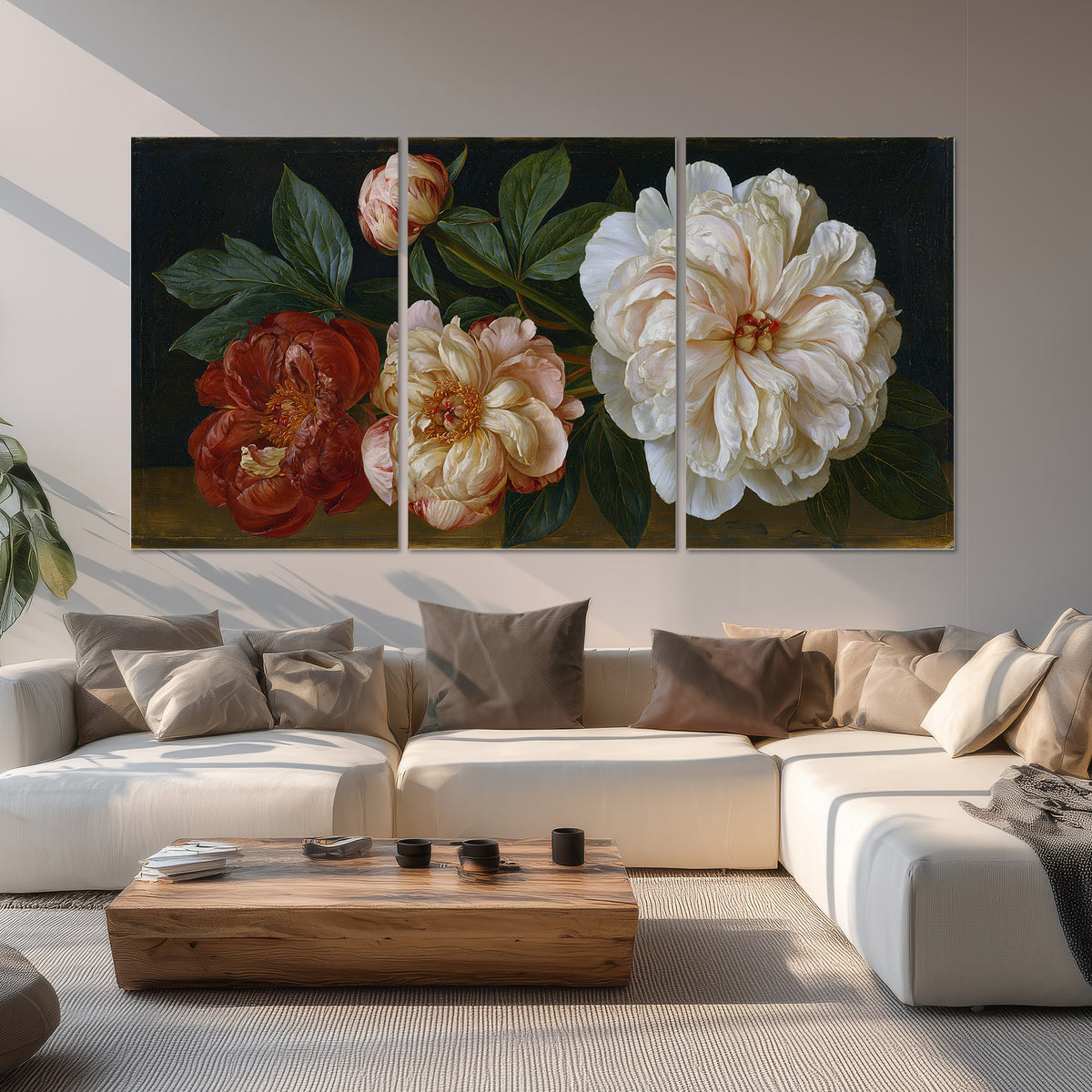 A large pale peony beside small ruby-red and peach flowers on a deep green ground set of 3 poster prints displayed in a living room