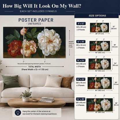 A large pale peony beside small ruby-red and peach flowers on a deep green ground set of 3 poster prints size guide above a sofa; room view is illustrative
