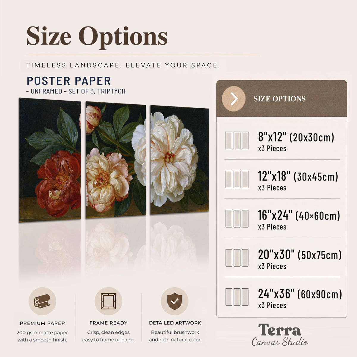 A large pale peony beside small ruby-red and peach flowers on a deep green ground set of 3 poster prints available dimensions; triptych dimensions are per panel