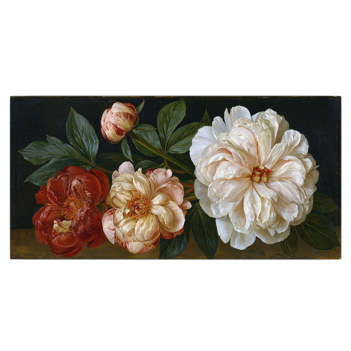 A large pale peony beside small ruby-red and peach flowers on a deep green ground single canvas wall art viewed straight on