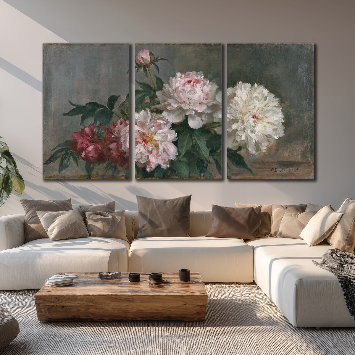 Cream and dusty pink peonies arranged against a muted gray-green background 3 piece canvas wall art displayed in a living room