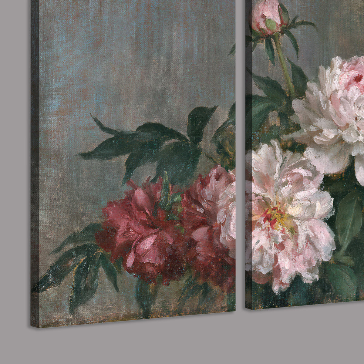 Cream and dusty pink peonies arranged against a muted gray-green background 3 piece canvas wall art room and product view