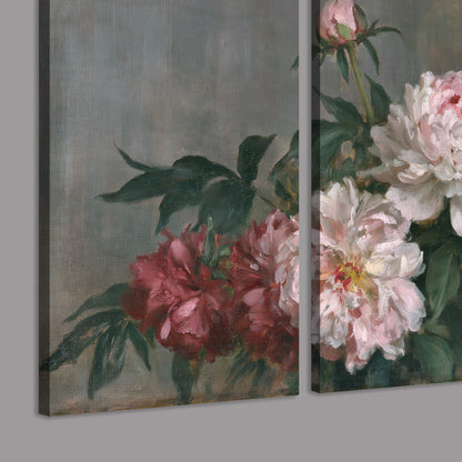 Cream and dusty pink peonies arranged against a muted gray-green background 3 piece canvas wall art room and product view