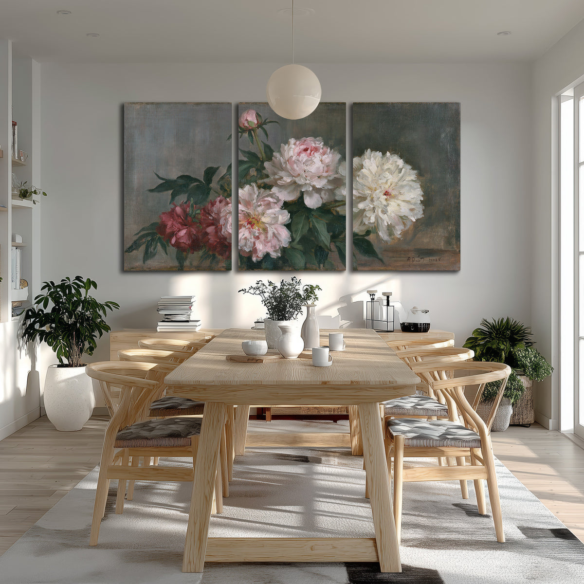 Cream and dusty pink peonies arranged against a muted gray-green background 3 piece canvas wall art room and product view
