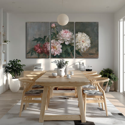 Cream and dusty pink peonies arranged against a muted gray-green background 3 piece canvas wall art room and product view