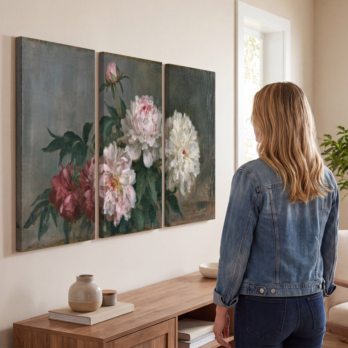 Cream and dusty pink peonies arranged against a muted gray-green background 3 piece canvas wall art three panel arrangement on a wall