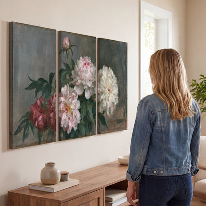 Cream and dusty pink peonies arranged against a muted gray-green background 3 piece canvas wall art three panel arrangement on a wall