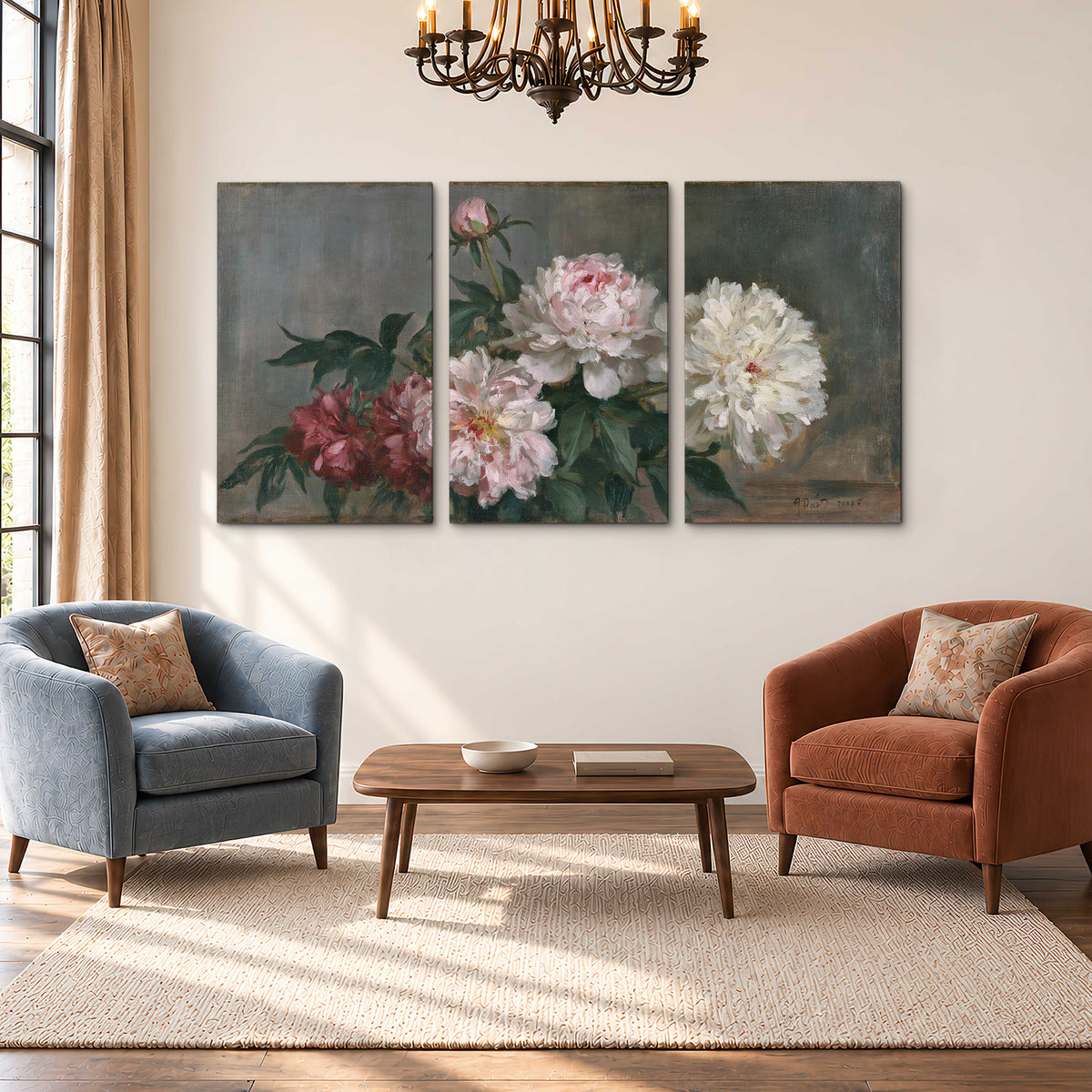 Cream and dusty pink peonies arranged against a muted gray-green background 3 piece canvas wall art styled in an interior