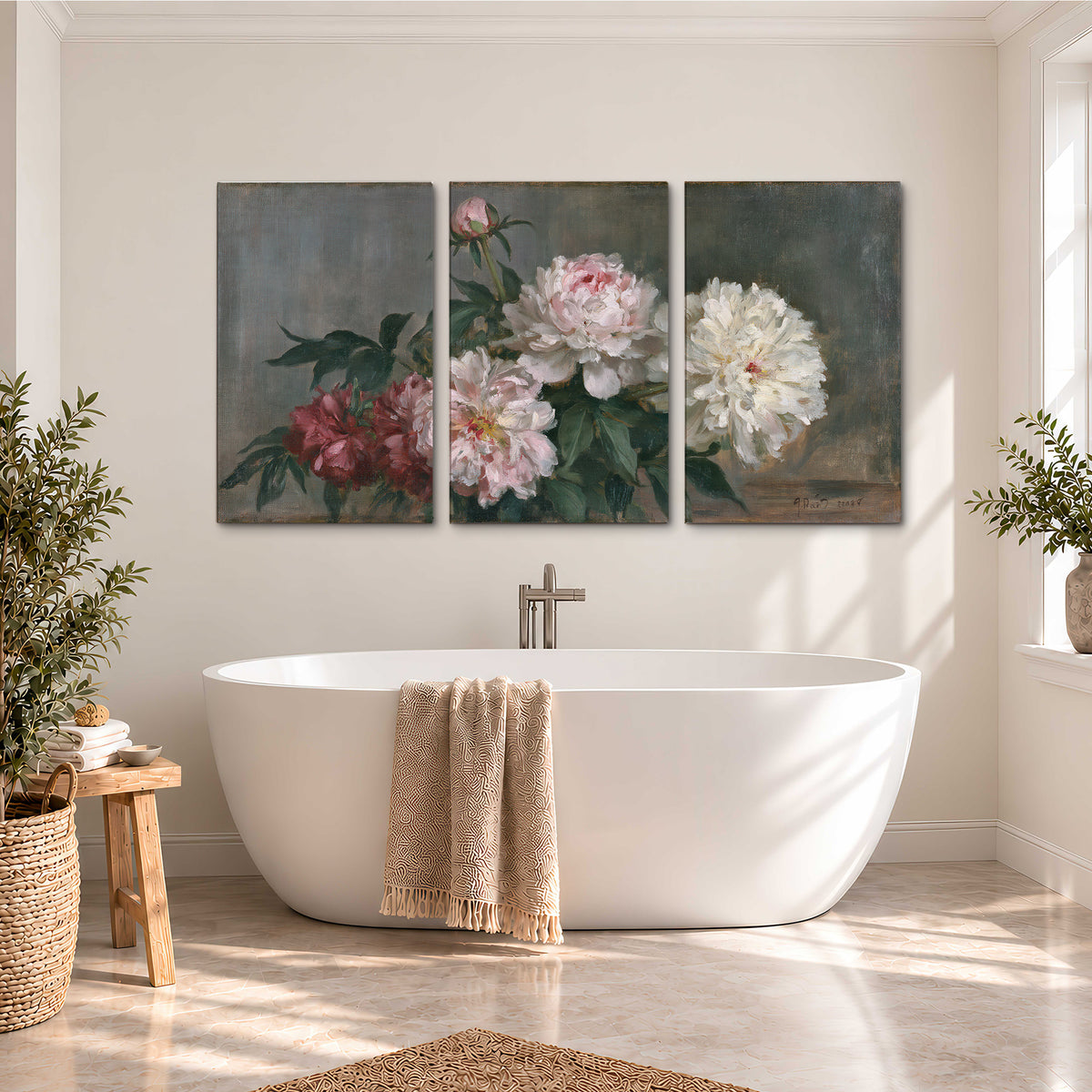 Cream and dusty pink peonies arranged against a muted gray-green background 3 piece canvas wall art styled in an interior