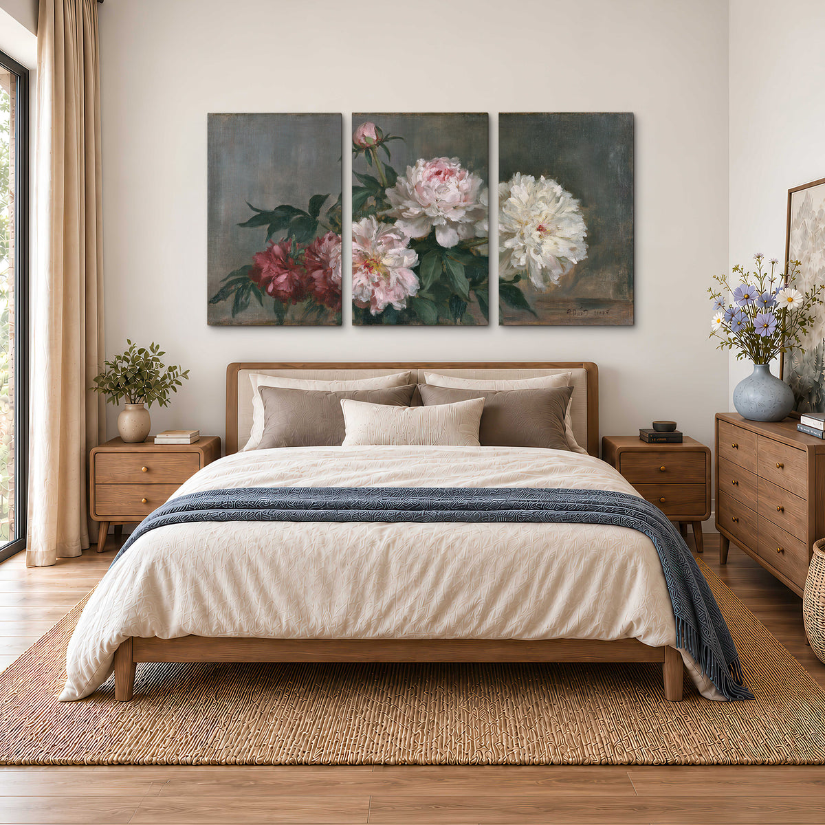Cream and dusty pink peonies arranged against a muted gray-green background 3 piece canvas wall art styled in an interior