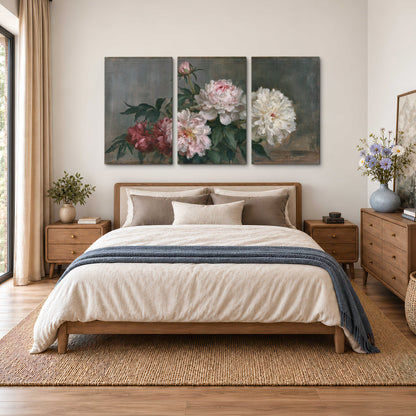 Cream and dusty pink peonies arranged against a muted gray-green background 3 piece canvas wall art styled in an interior