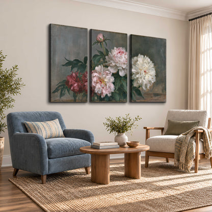 Cream and dusty pink peonies arranged against a muted gray-green background 3 piece canvas wall art styled in an interior