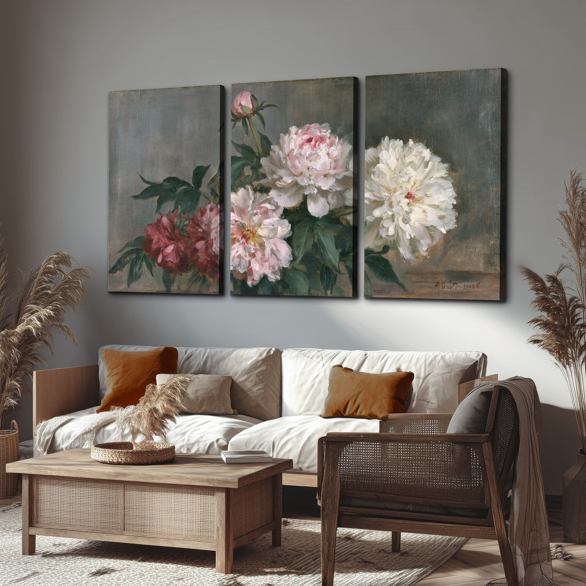 Cream and dusty pink peonies arranged against a muted gray-green background 3 piece canvas wall art displayed in a rustic living room