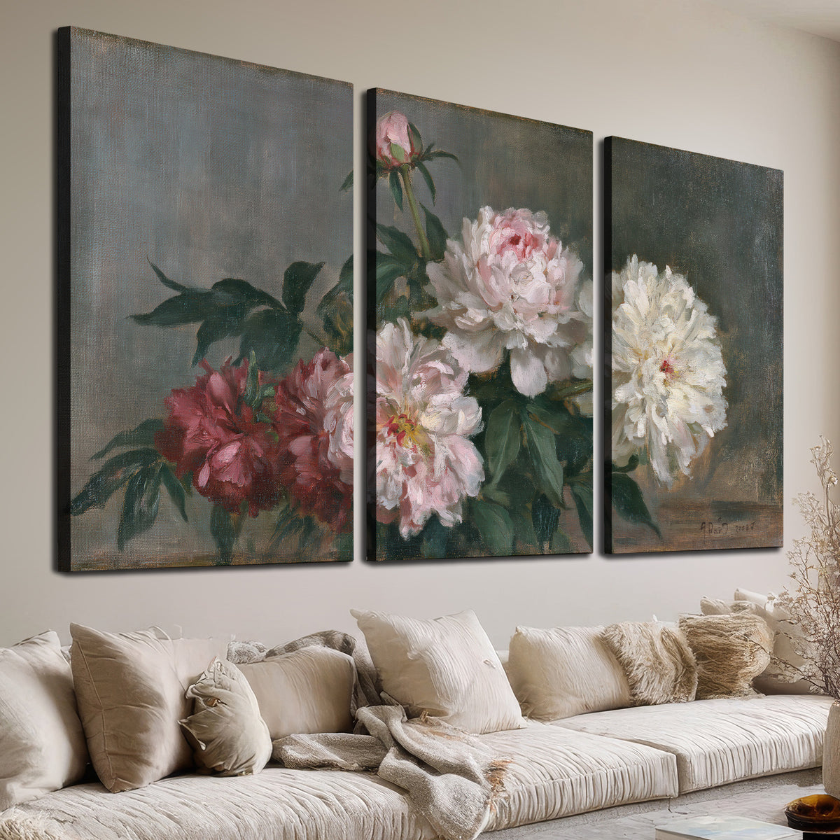 Cream and dusty pink peonies arranged against a muted gray-green background 3 piece canvas wall art room and product view