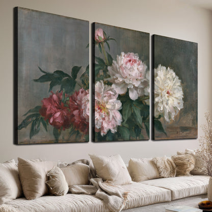Cream and dusty pink peonies arranged against a muted gray-green background 3 piece canvas wall art room and product view