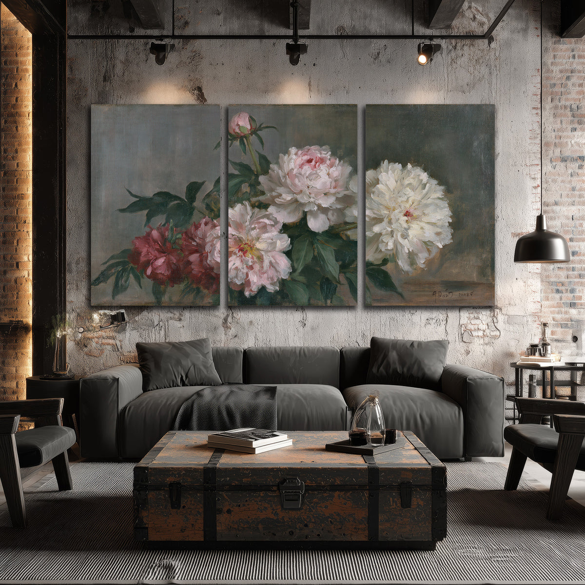 Cream and dusty pink peonies arranged against a muted gray-green background 3 piece canvas wall art displayed in a industrial room