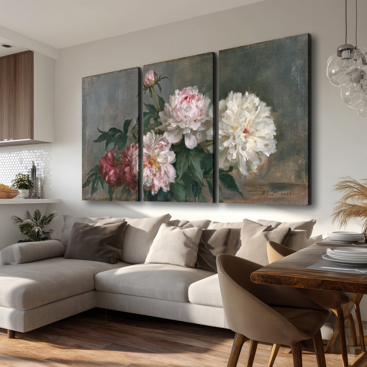 Cream and dusty pink peonies arranged against a muted gray-green background 3 piece canvas wall art room and product view