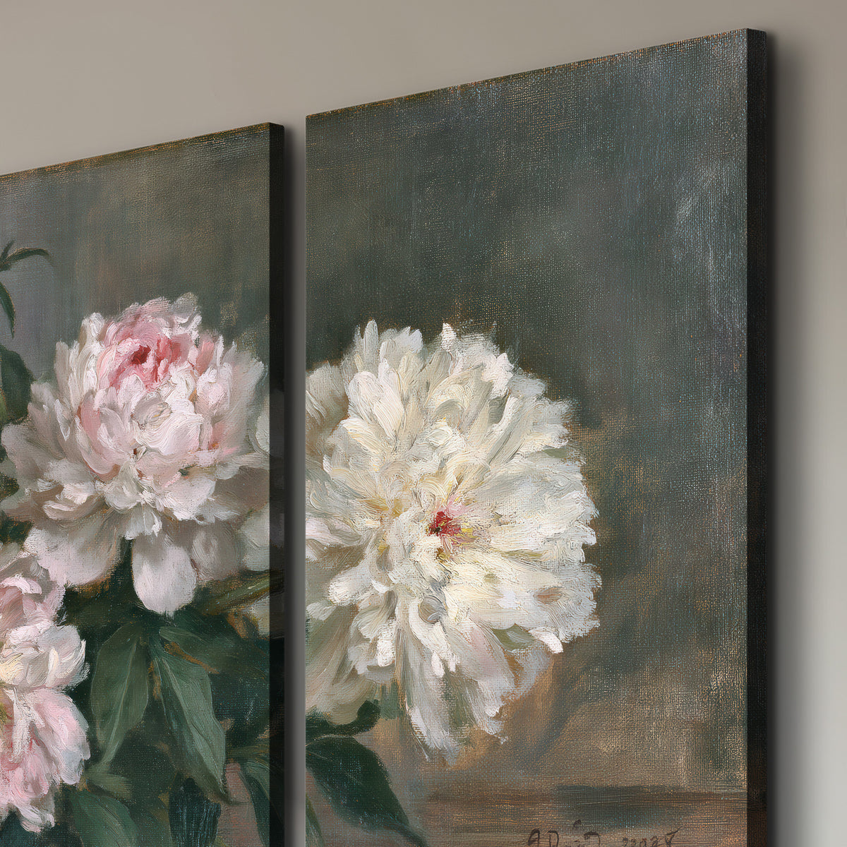 Cream and dusty pink peonies arranged against a muted gray-green background 3 piece canvas wall art room and product view