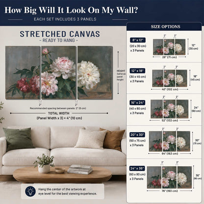 Cream and dusty pink peonies arranged against a muted gray-green background 3 piece canvas wall art size guide above a sofa; room view is illustrative
