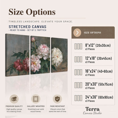 Cream and dusty pink peonies arranged against a muted gray-green background 3 piece canvas wall art available dimensions; triptych dimensions are per panel