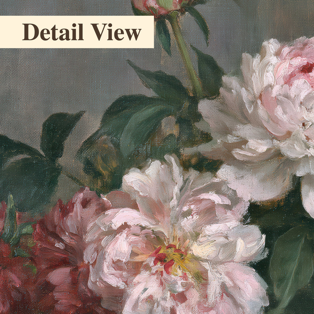 Cream and dusty pink peonies arranged against a muted gray-green background 3 piece canvas wall art artwork detail close up