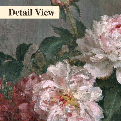 Cream and dusty pink peonies arranged against a muted gray-green background 3 piece canvas wall art artwork detail close up