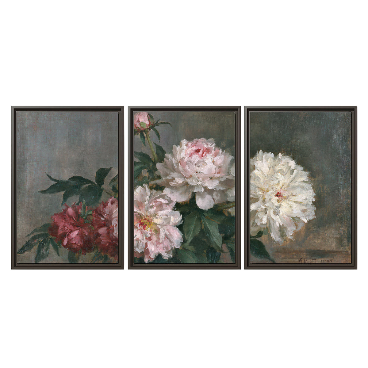Cream and dusty pink peonies arranged against a muted gray-green background 3 piece framed canvas wall art viewed straight on