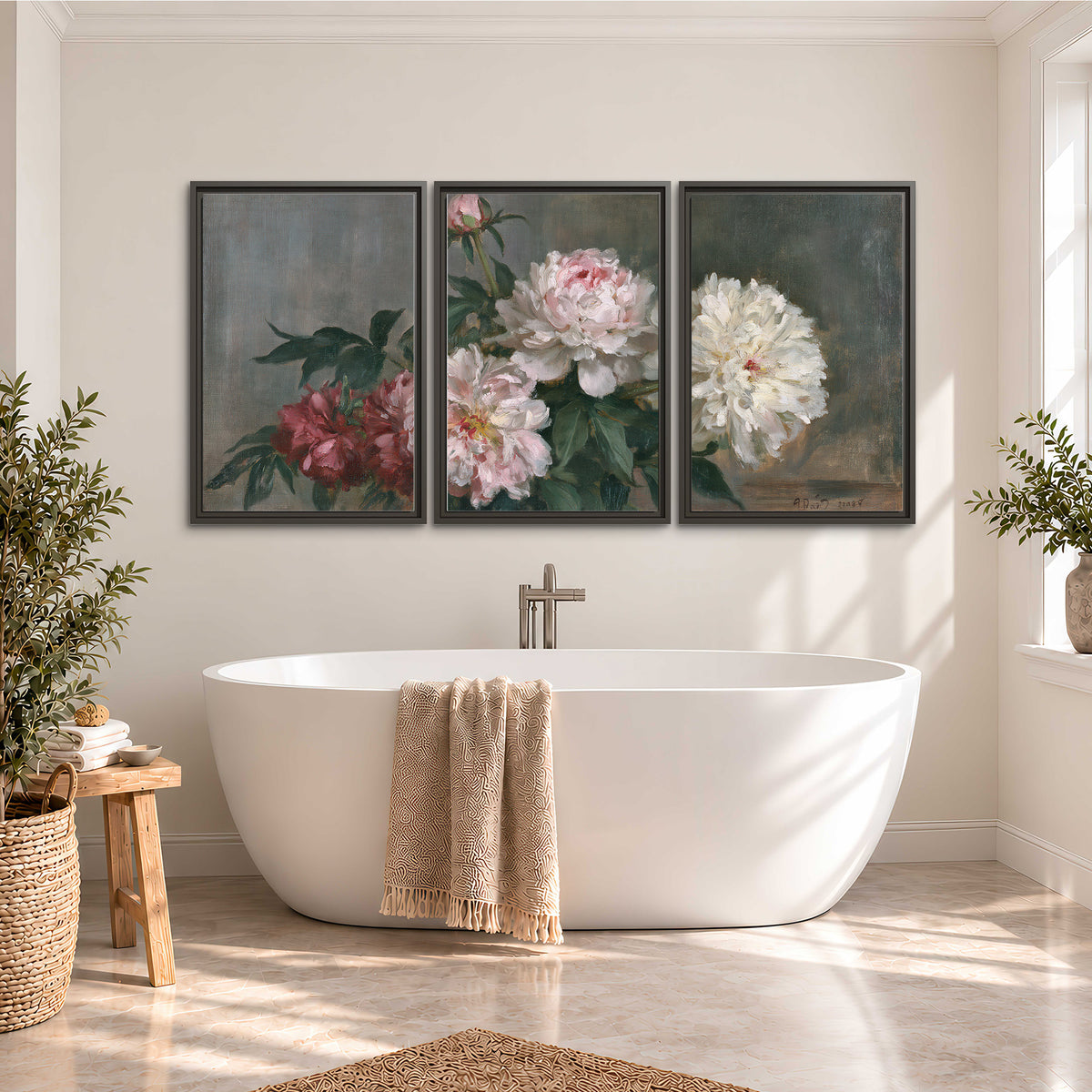 Cream and dusty pink peonies arranged against a muted gray-green background 3 piece framed canvas wall art styled in an interior