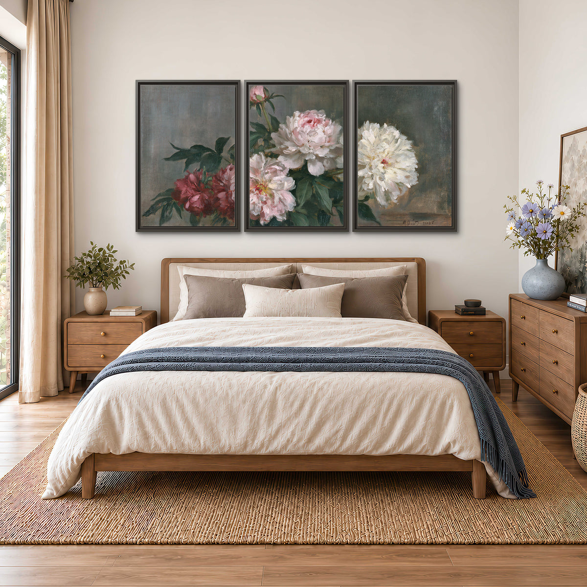 Cream and dusty pink peonies arranged against a muted gray-green background 3 piece framed canvas wall art styled in an interior