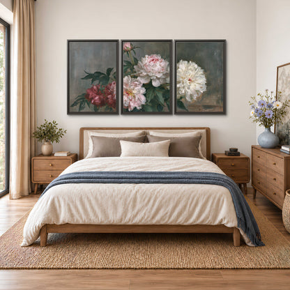 Cream and dusty pink peonies arranged against a muted gray-green background 3 piece framed canvas wall art styled in an interior
