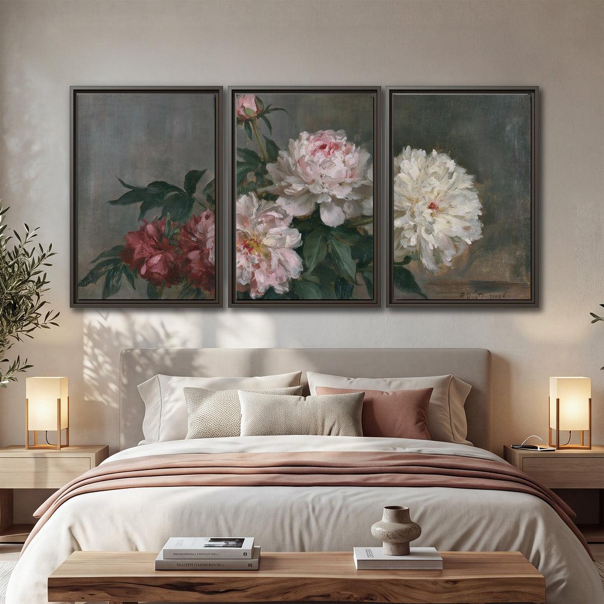 Cream and dusty pink peonies arranged against a muted gray-green background 3 piece framed canvas wall art displayed in a bedroom