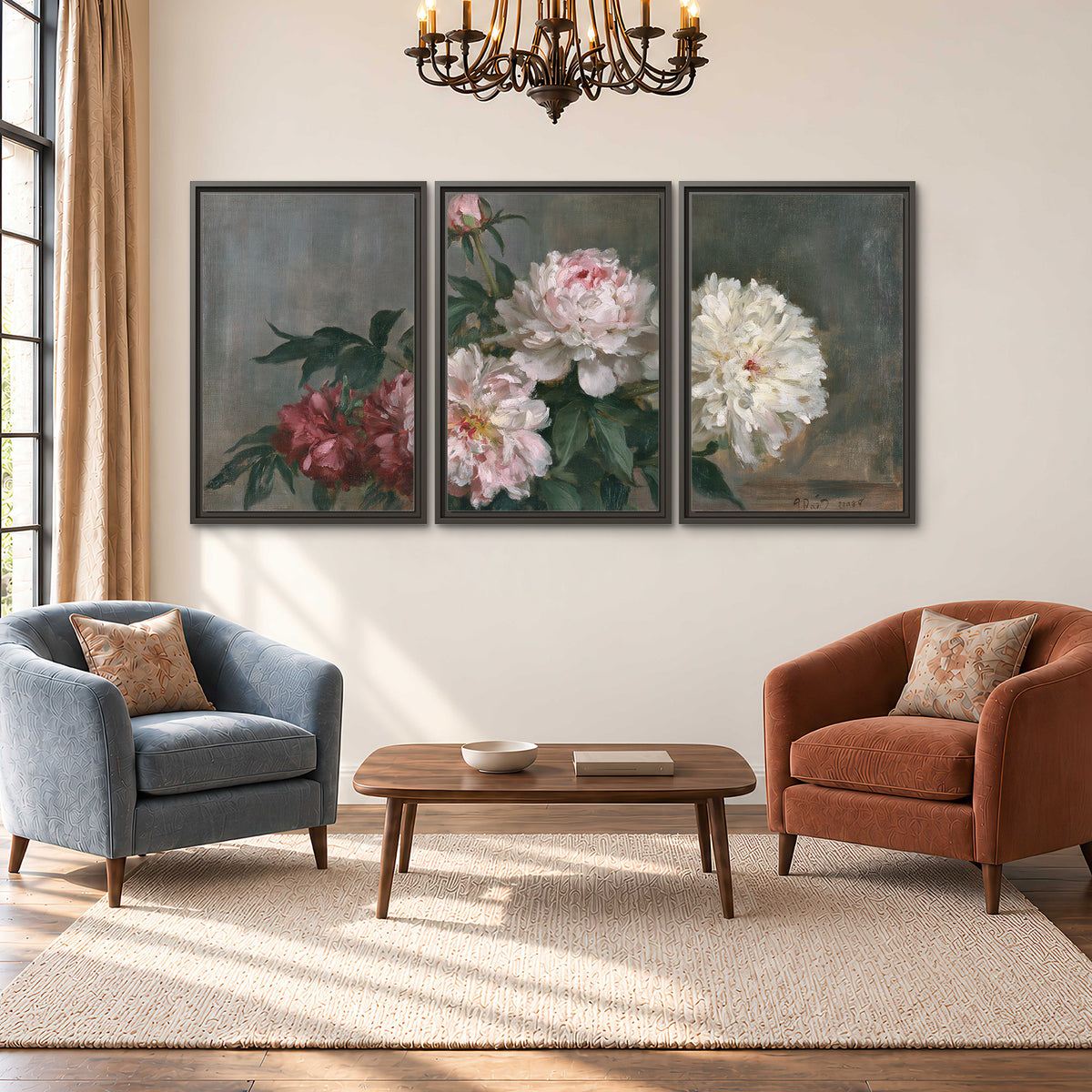 Cream and dusty pink peonies arranged against a muted gray-green background 3 piece framed canvas wall art styled in an interior