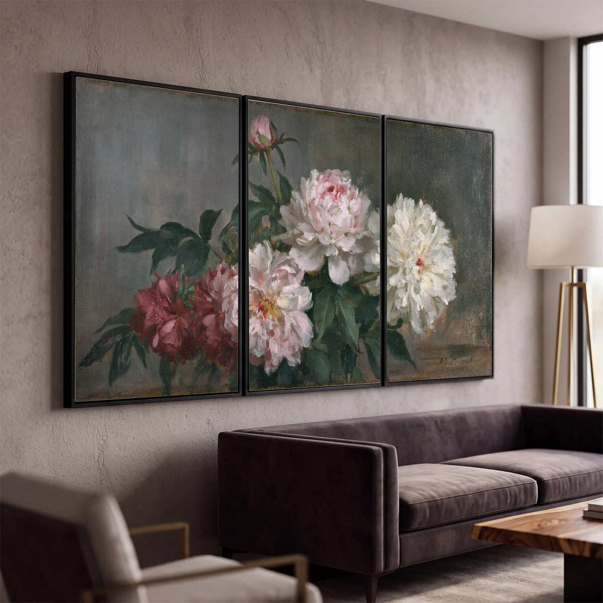 Cream and dusty pink peonies arranged against a muted gray-green background 3 piece framed canvas wall art displayed in a modern living room