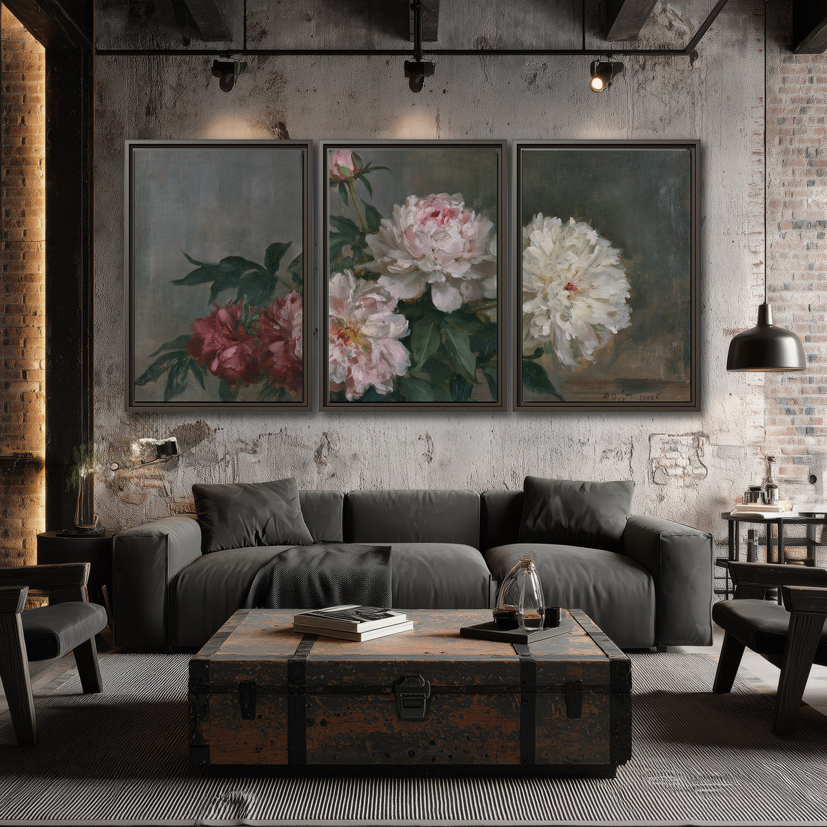 Cream and dusty pink peonies arranged against a muted gray-green background 3 piece framed canvas wall art displayed in a industrial room