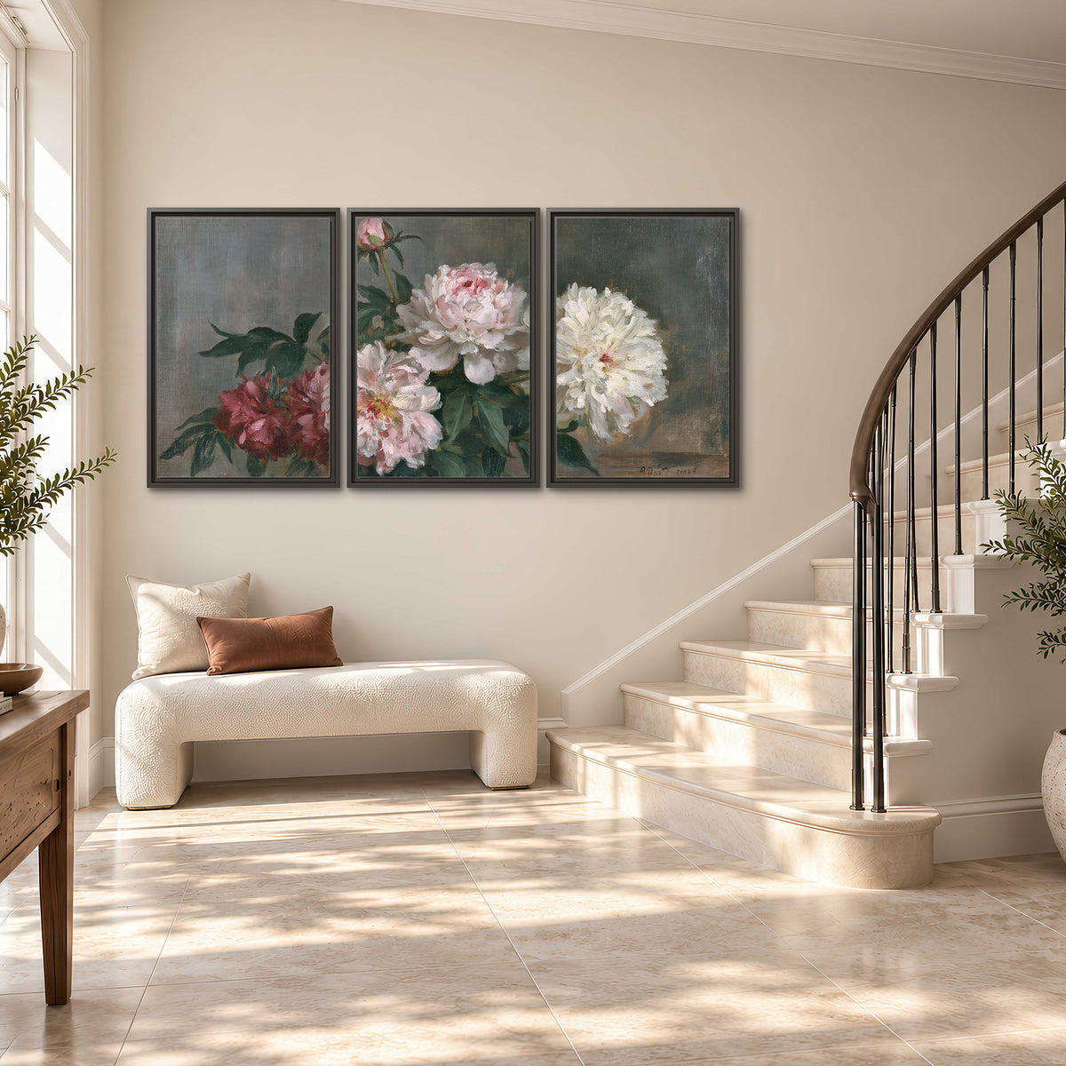 Cream and dusty pink peonies arranged against a muted gray-green background 3 piece framed canvas wall art styled in an interior