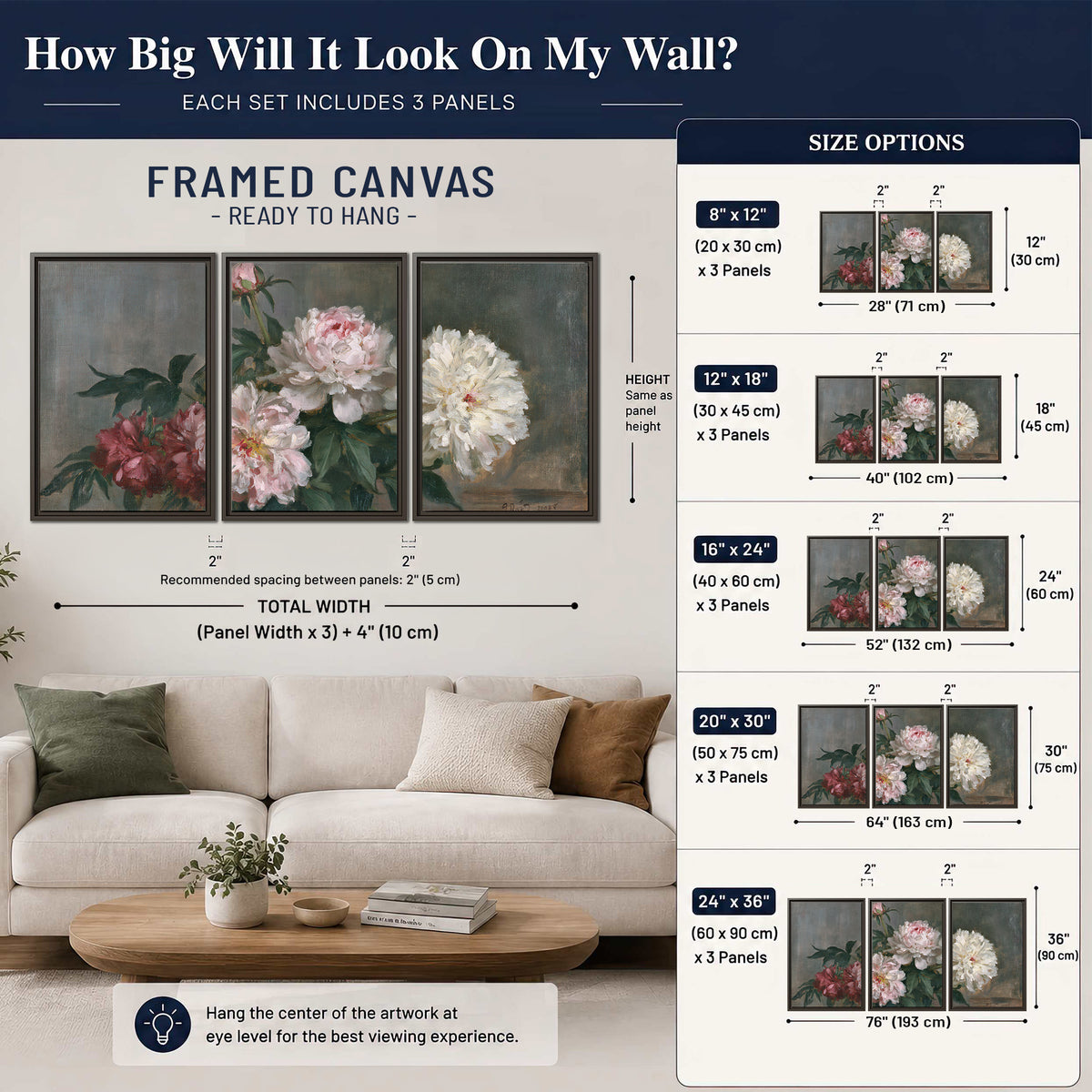 Cream and dusty pink peonies arranged against a muted gray-green background 3 piece framed canvas wall art size guide above a sofa; room view is illustrative