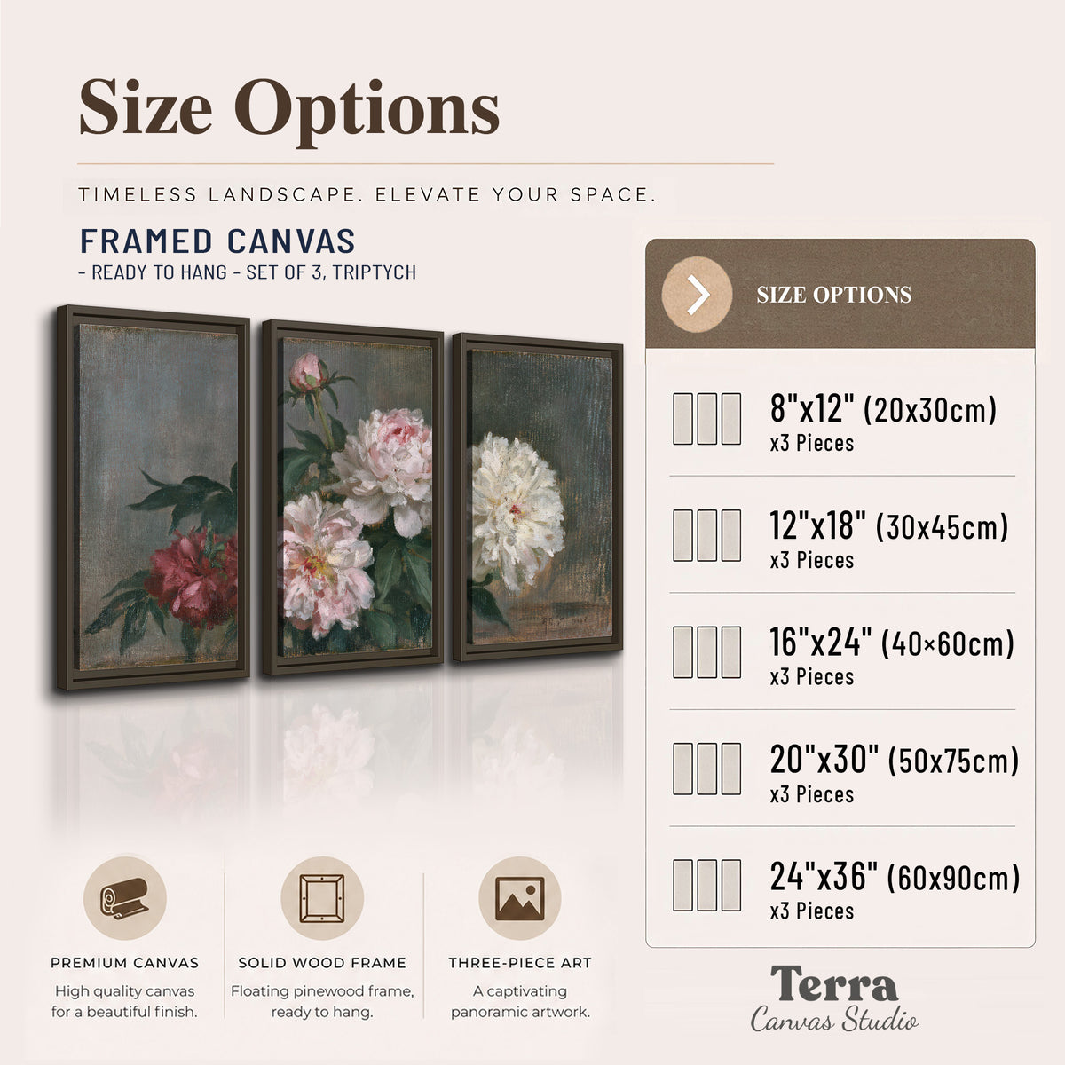 Cream and dusty pink peonies arranged against a muted gray-green background 3 piece framed canvas wall art available dimensions; triptych dimensions are per panel