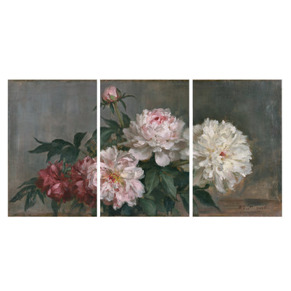 Cream and dusty pink peonies arranged against a muted gray-green background set of 3 poster prints viewed straight on