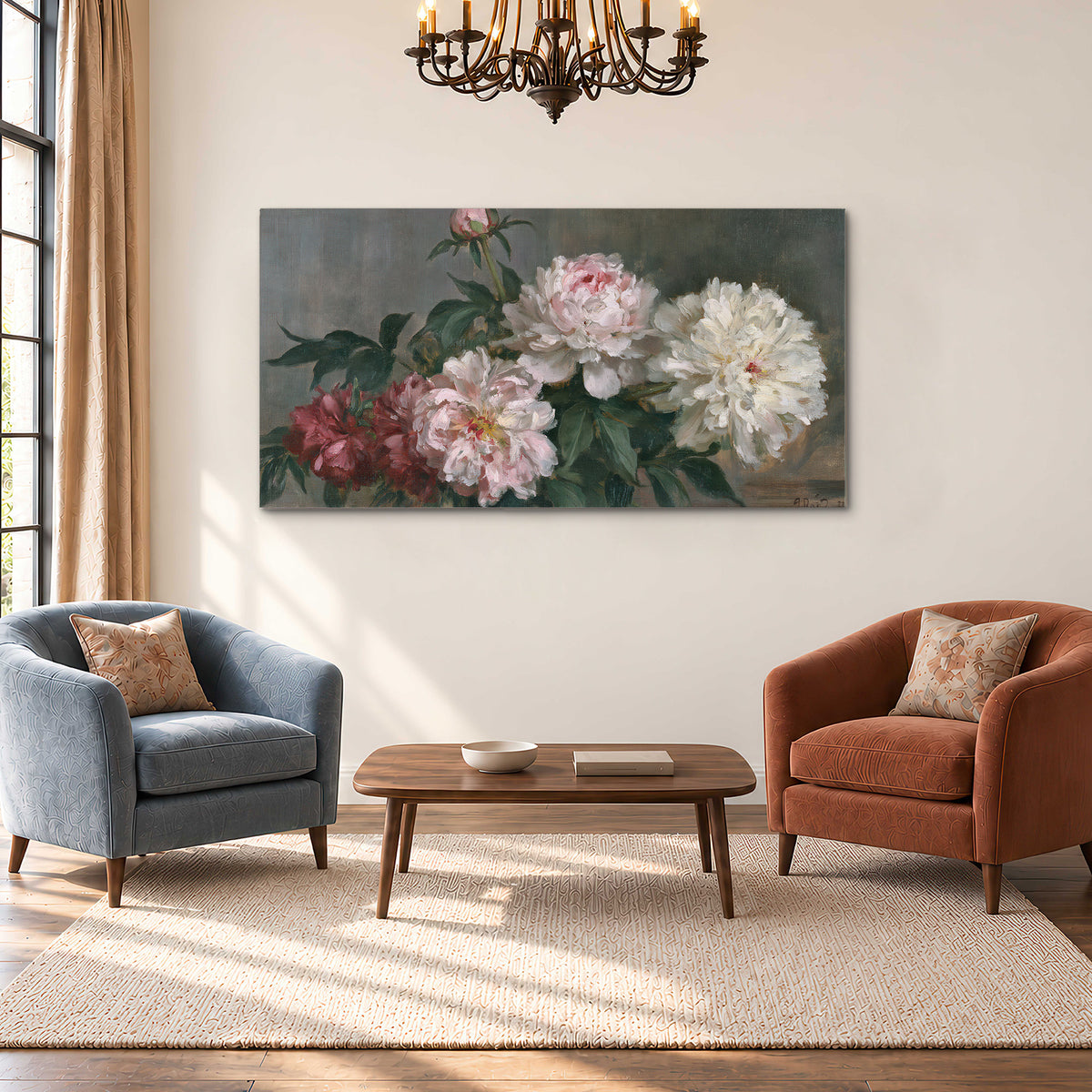 Cream and dusty pink peonies arranged against a muted gray-green background single canvas wall art styled in an interior