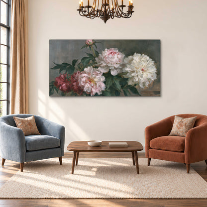 Cream and dusty pink peonies arranged against a muted gray-green background single canvas wall art styled in an interior