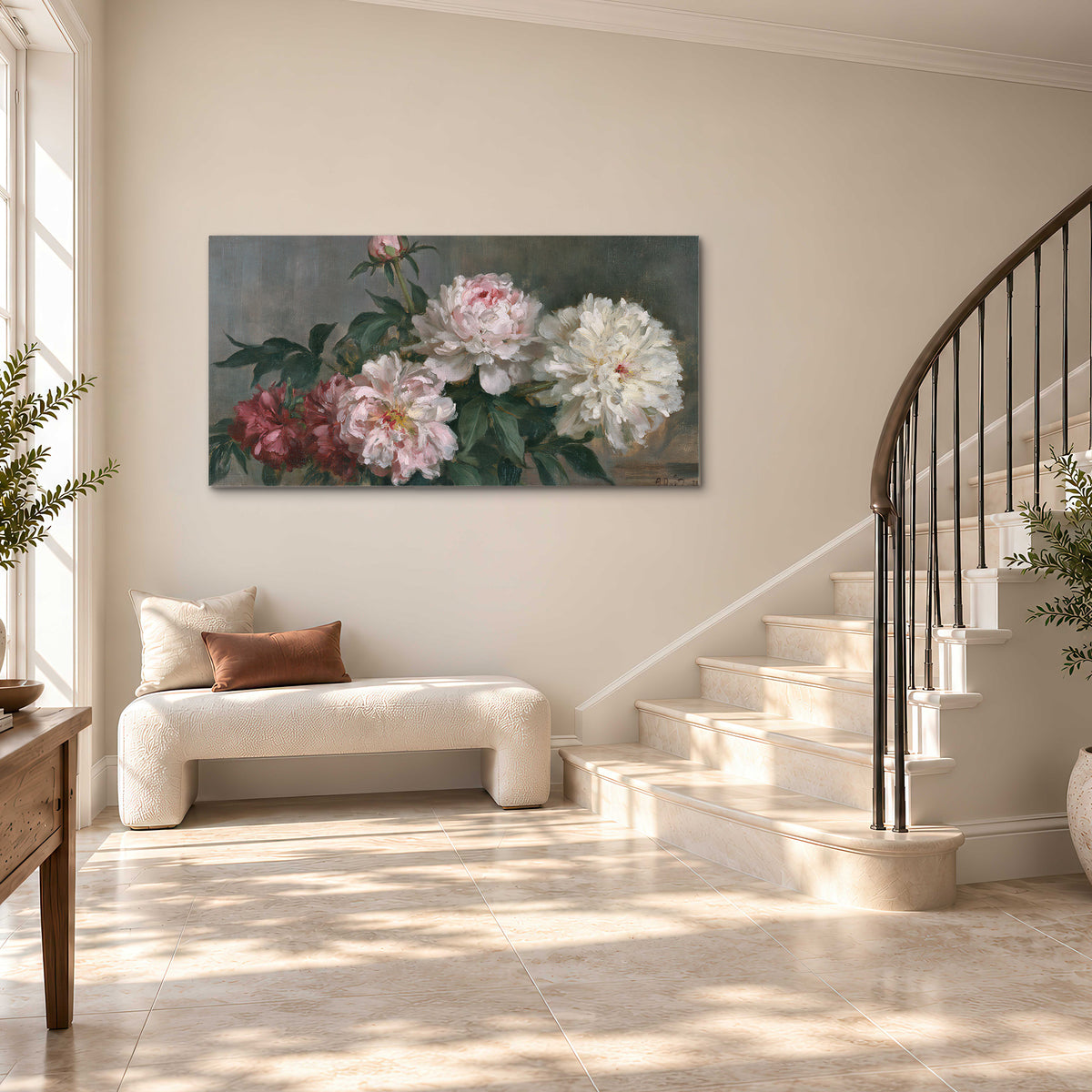 Cream and dusty pink peonies arranged against a muted gray-green background single canvas wall art styled in an interior