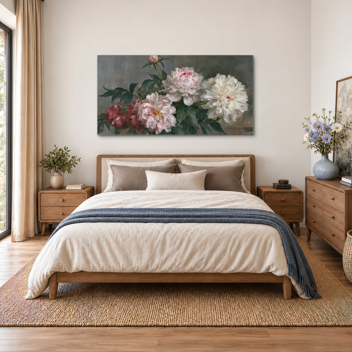 Cream and dusty pink peonies arranged against a muted gray-green background single canvas wall art styled in an interior