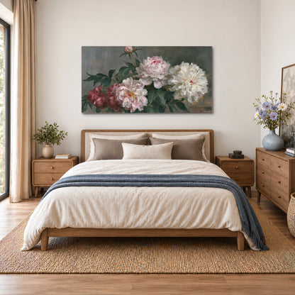 Cream and dusty pink peonies arranged against a muted gray-green background single canvas wall art styled in an interior