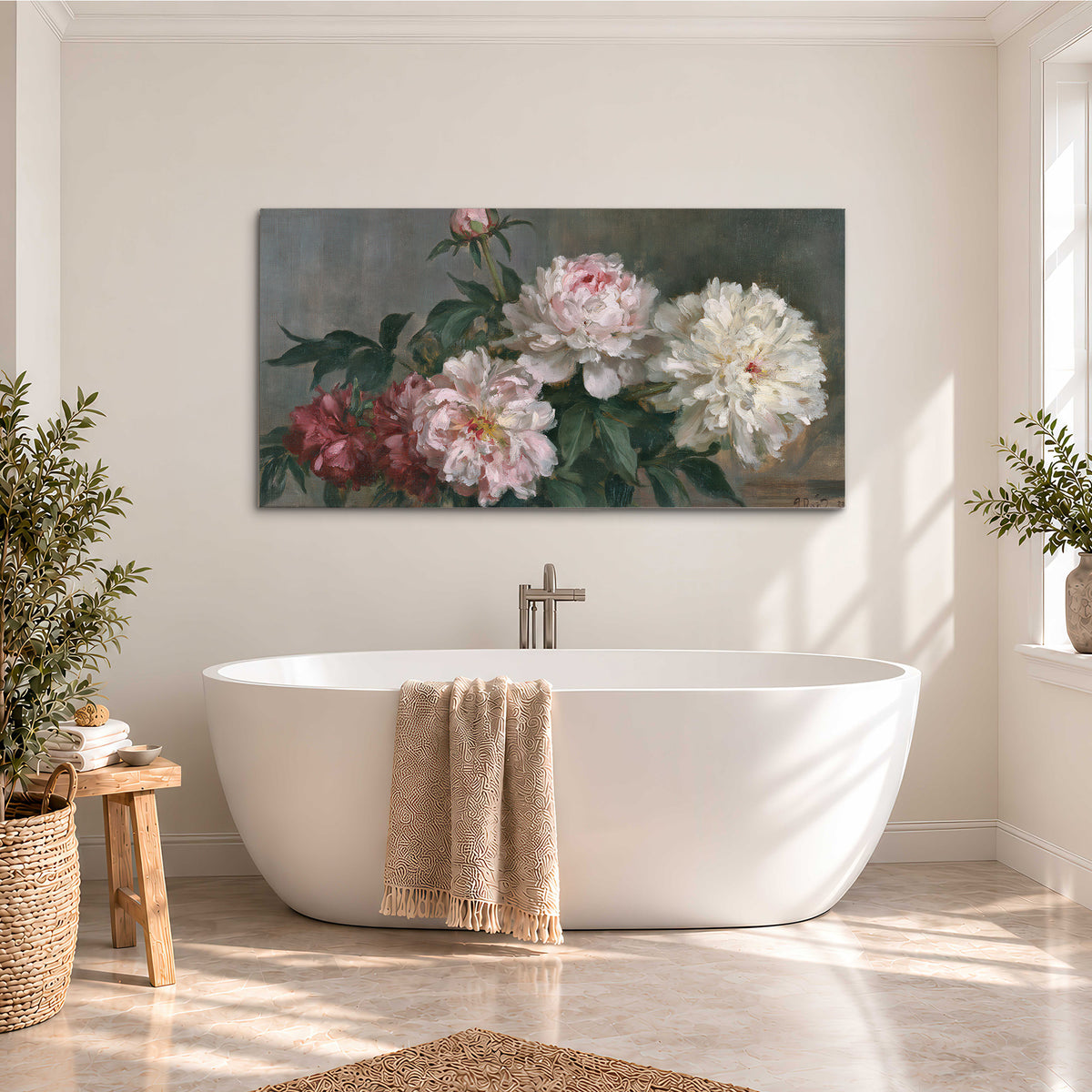 Cream and dusty pink peonies arranged against a muted gray-green background single canvas wall art styled in an interior