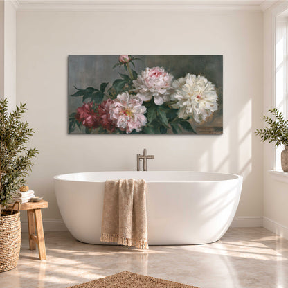 Cream and dusty pink peonies arranged against a muted gray-green background single canvas wall art styled in an interior