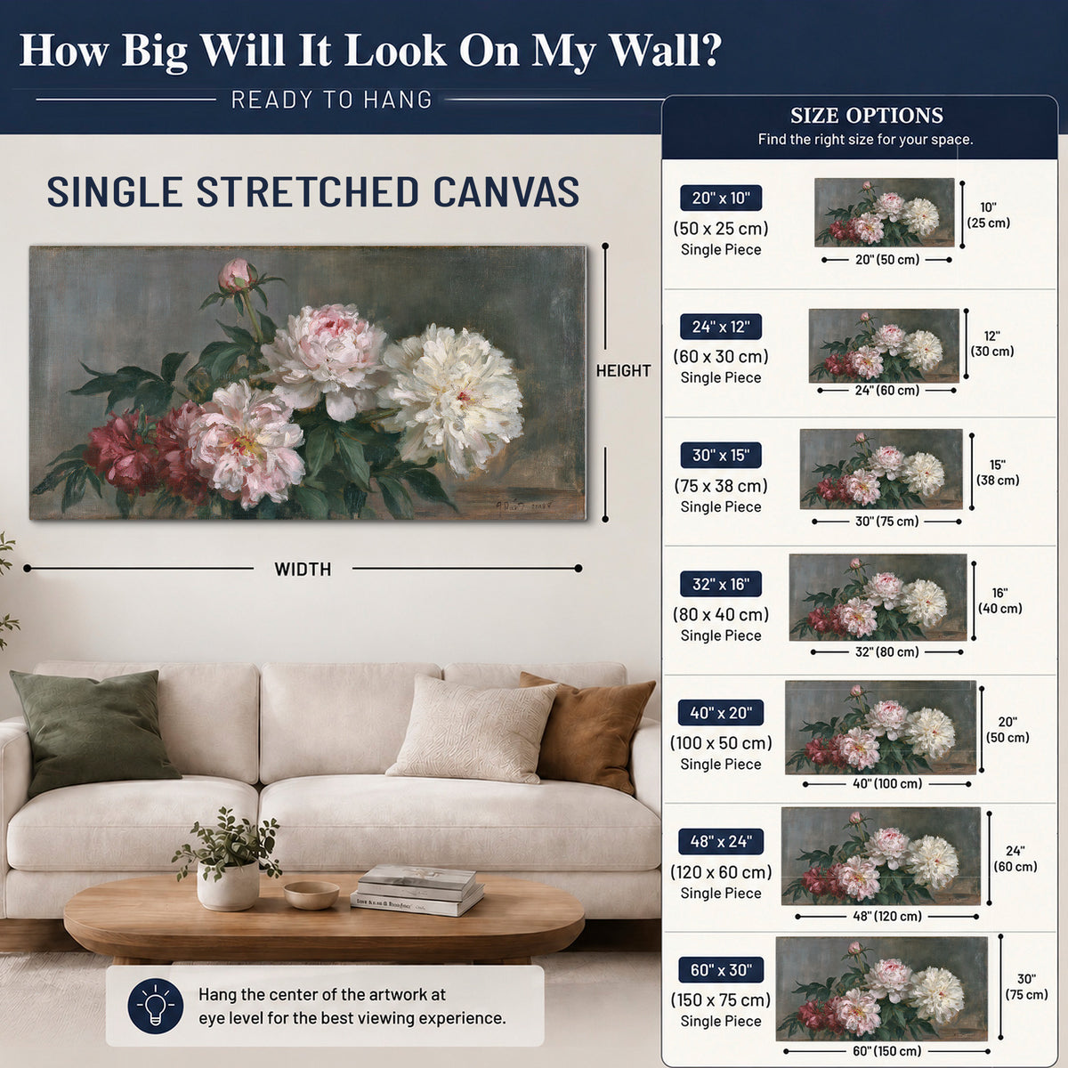 Cream and dusty pink peonies arranged against a muted gray-green background single canvas wall art size guide above a sofa; room view is illustrative