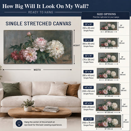 Cream and dusty pink peonies arranged against a muted gray-green background single canvas wall art size guide above a sofa; room view is illustrative