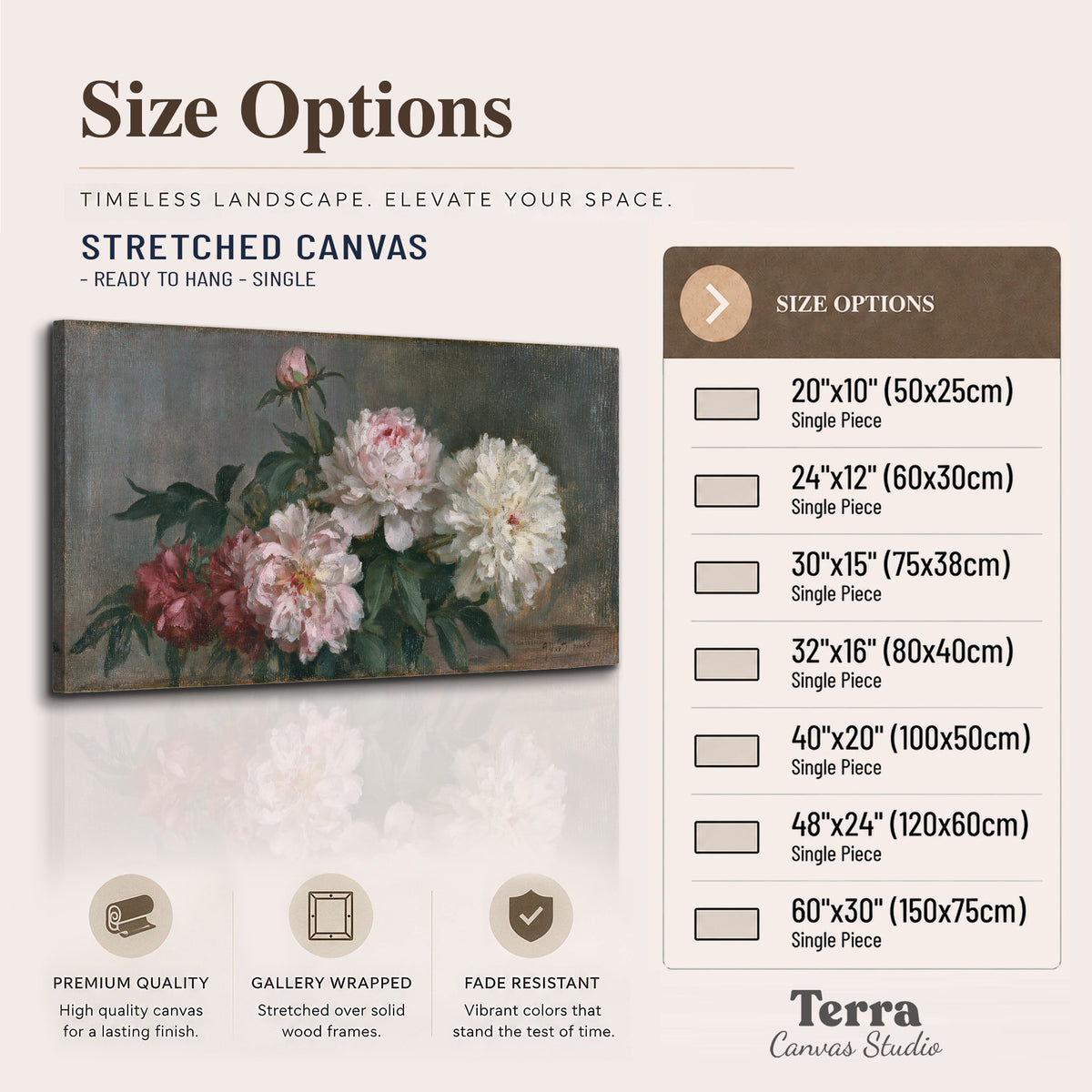 Cream and dusty pink peonies arranged against a muted gray-green background single canvas wall art available dimensions