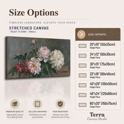 Cream and dusty pink peonies arranged against a muted gray-green background single canvas wall art available dimensions